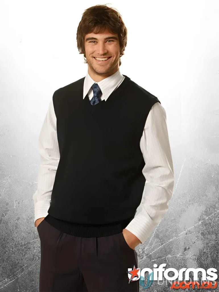 Black Wool Acrylic V-Neck Sweater Vest for Men and Women from Winning Spirit