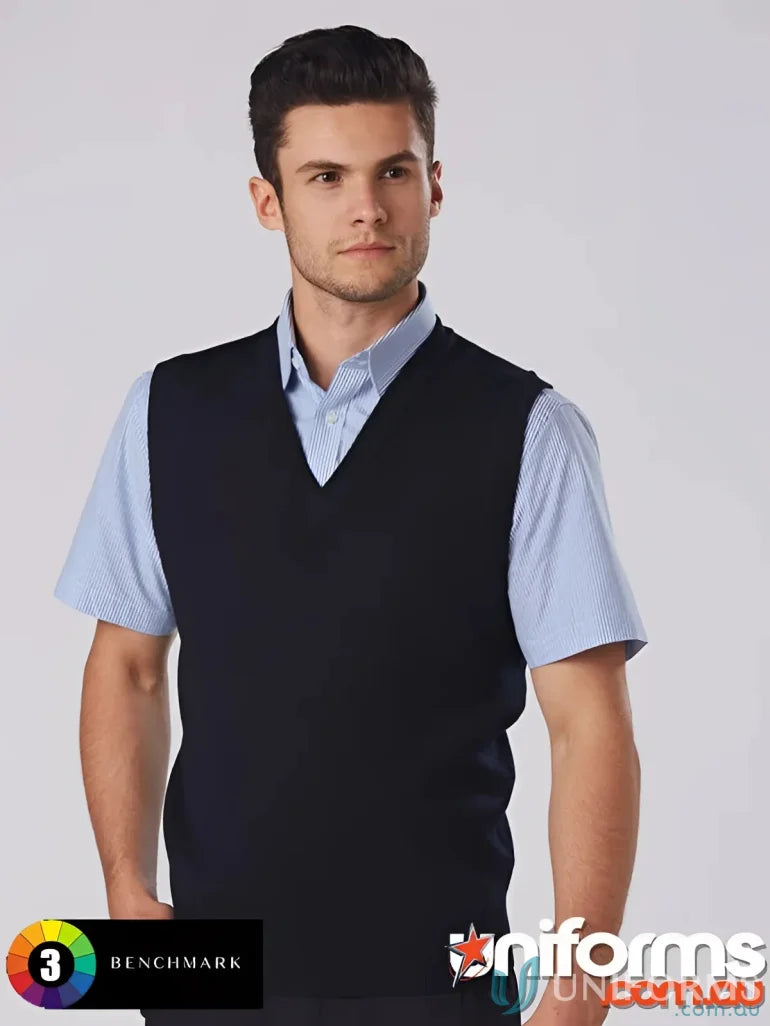 Navy blue wool acrylic v-neck unisex knit vest for stylish layering