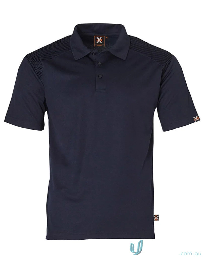 Dark blue XStreet TrueDry Polo shirt with ribbed shoulders and small logos, unisex short sleeve