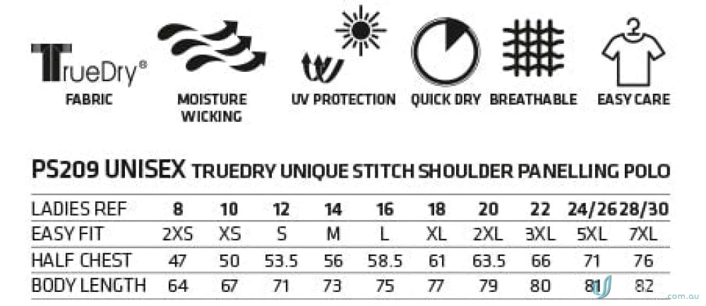 Technical specs and size chart for Spirit XStreet xstreet truedry polo unisex short sleeve