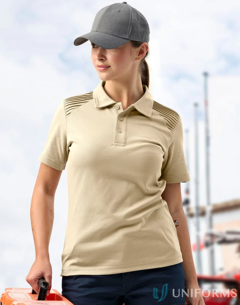 Woman in spirit xstreet unisex short sleeve polo holding orange black container