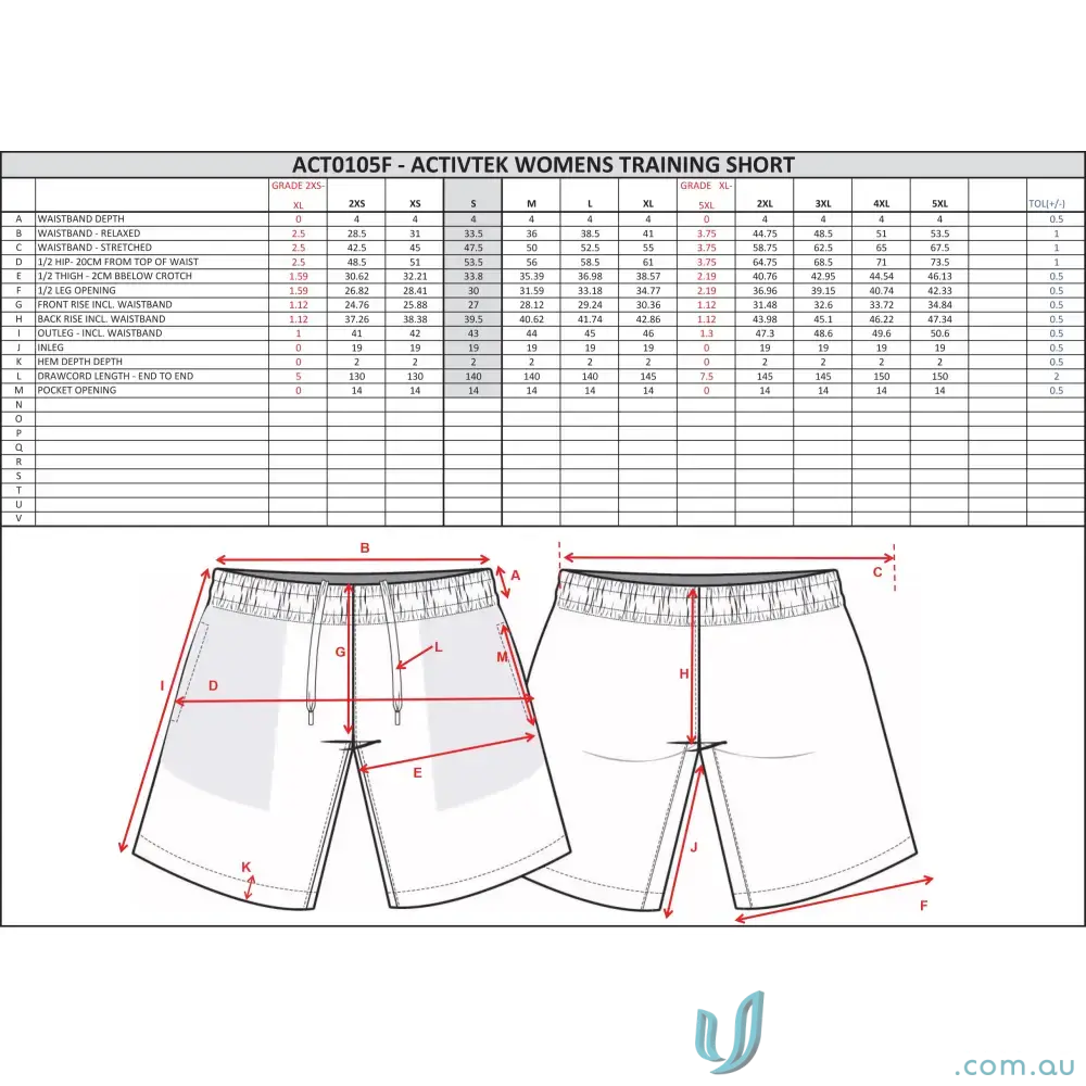 Women’s training short size chart for Wodonga Softball Ladies Shorts, perfect softball shorts fit