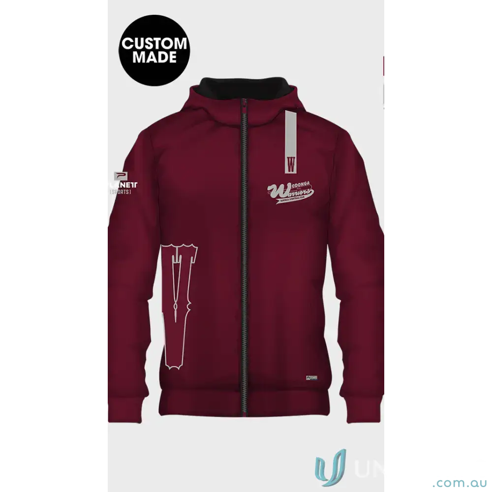 Maroon custom-made hoodie with chest zip pocket for Wodonga Warriors subshell jacket