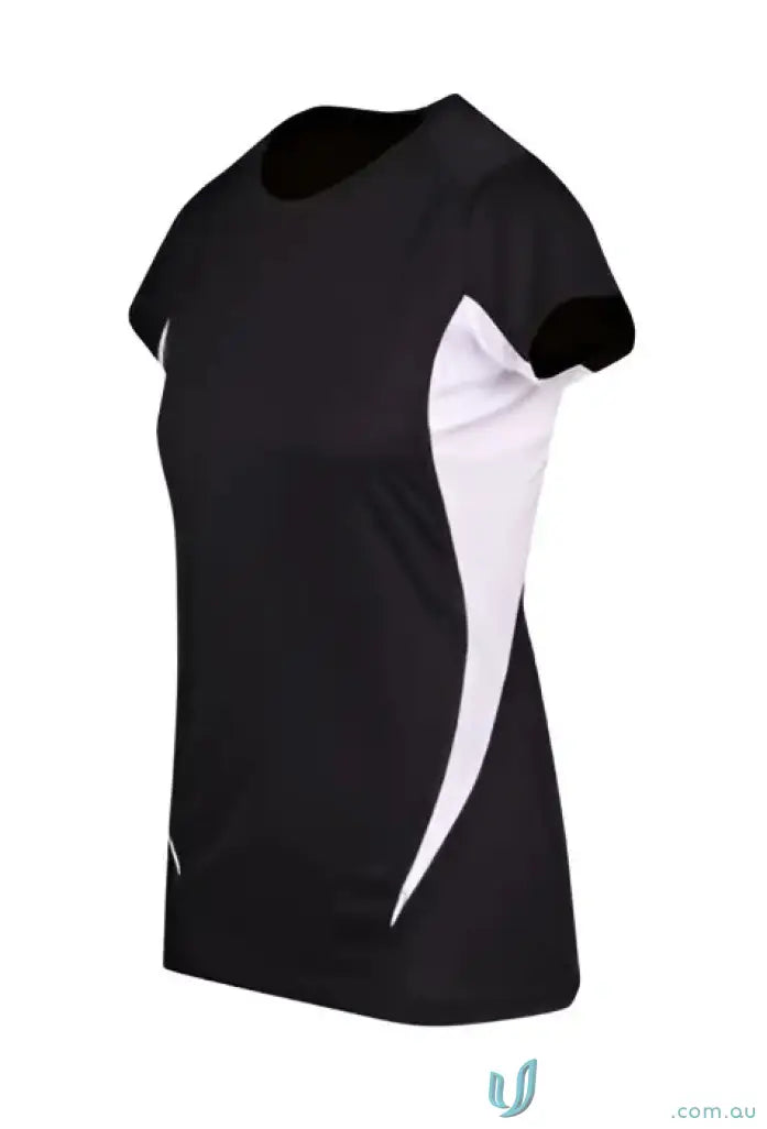 Black and white women’s accelerator cool-dry t-shirt, perfect for workouts