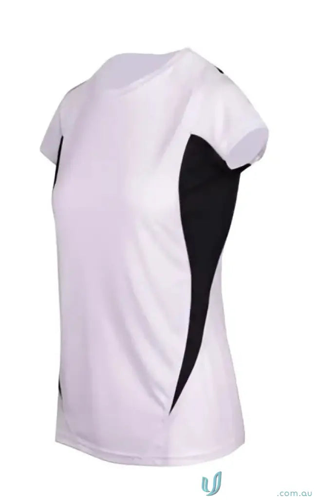 White and black women’s accelerator cool-dry t-shirt perfect for workout or casual wear