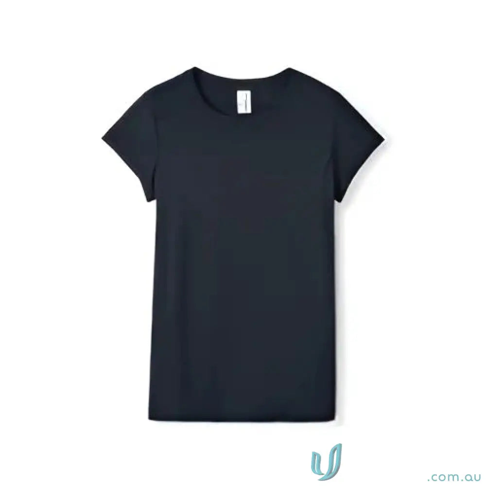 Dark blue women’s accelerator cool-dry T-shirt hanging on display