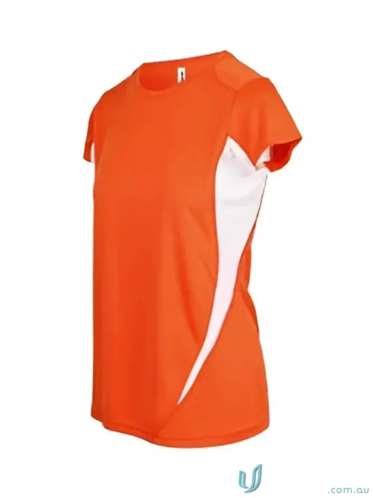 Orange and white women’s accelerator cool-dry t-shirt for active women