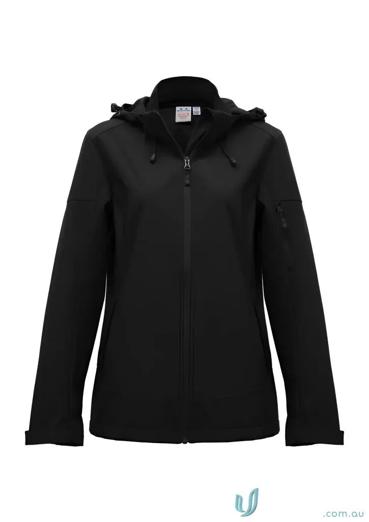 Black hooded softshell jacket from Women’s Atlas Jacket with breathable fabric and waterproof membrane
