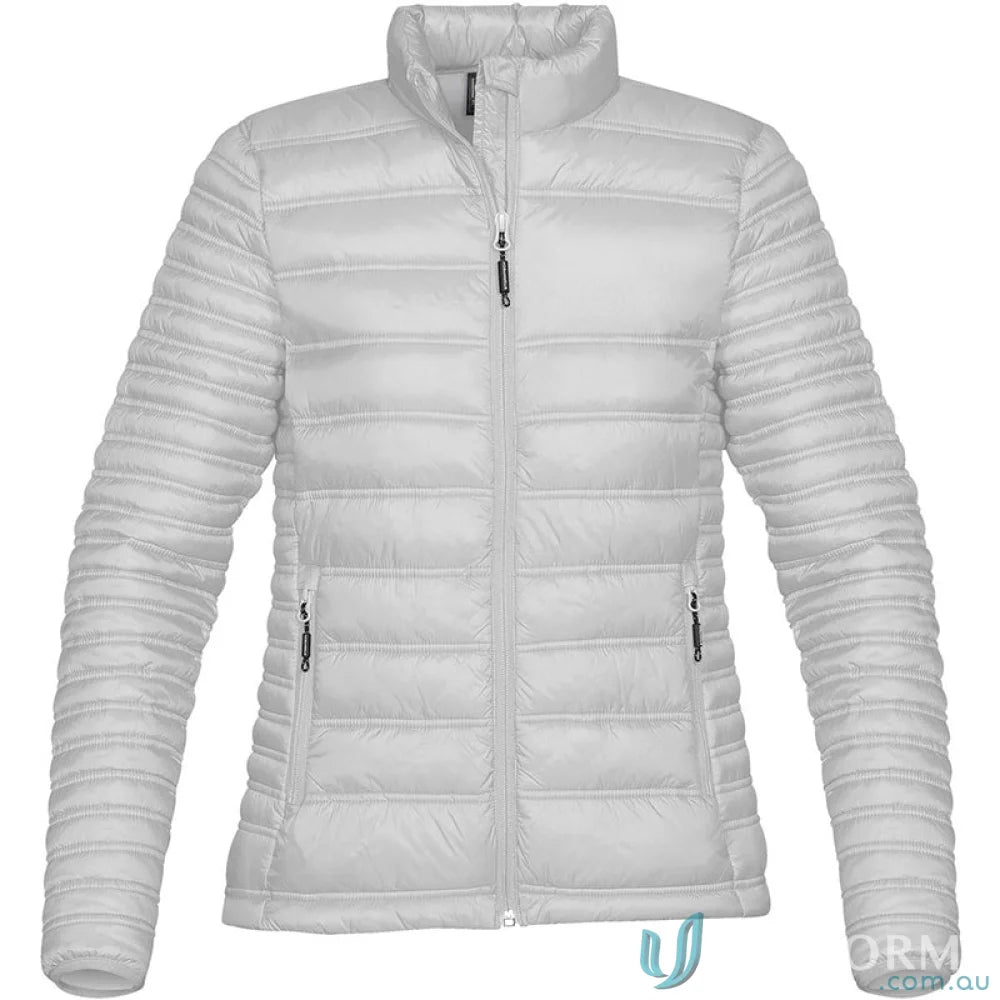 Light gray womens Basecamp Jacket with quilted puffer design, perfect for outdoor adventures and staying warm