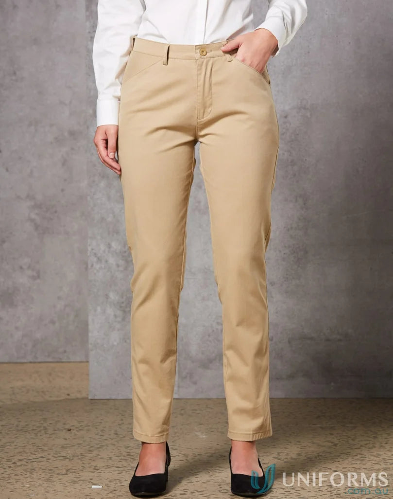 Womens Boston Chino Pants with khaki color and black shoes for a stylish look