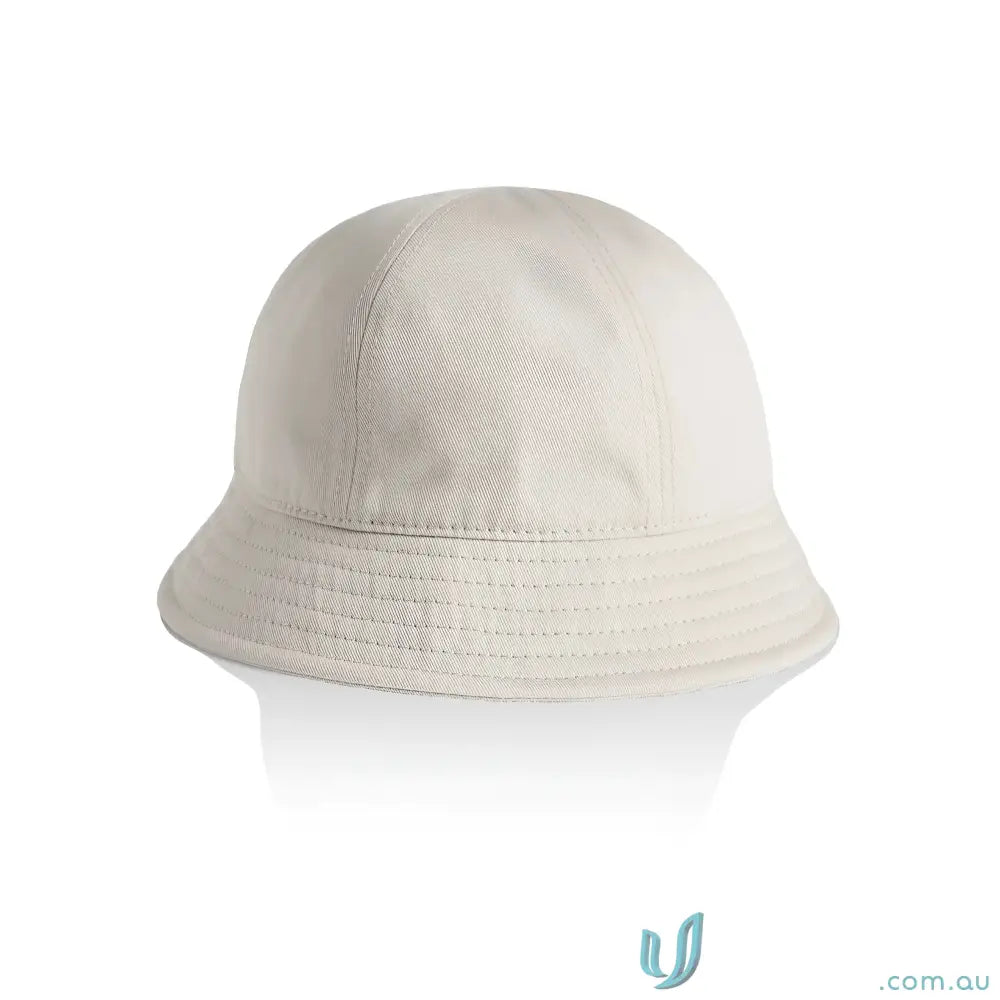 Light-colored brim bucket hat with reinforced short brim and visible stitching for style