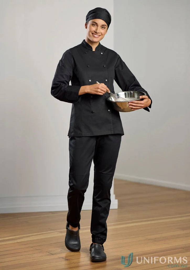 Black chef’s uniform with reinforced knee patches for Womens Cajun Chef Jogger Pant from Biz Collection Womens
