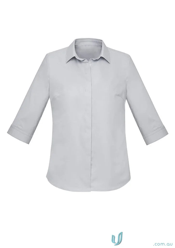 Gray women’s Charlie 3Qtr shirt with hidden bust button for hospitality roles seeking style