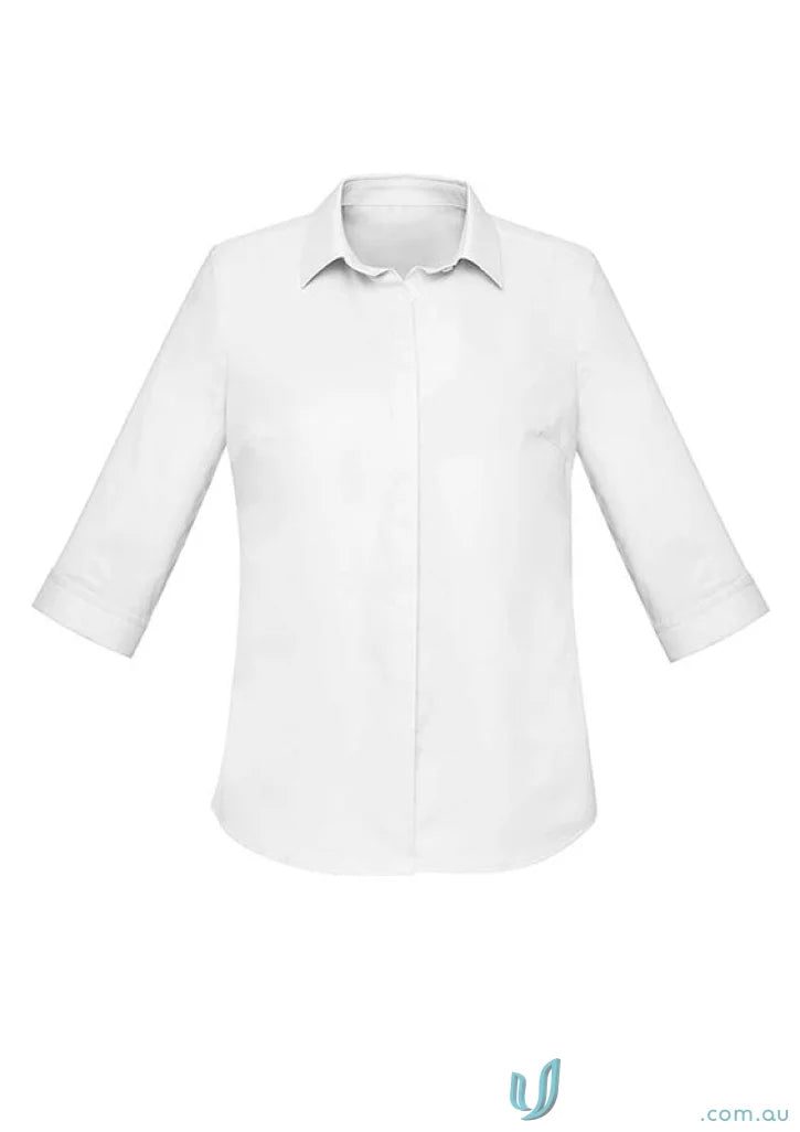 Women’s Charlie 3Qtr shirt in white with hidden bust button for hospitality roles seeking style