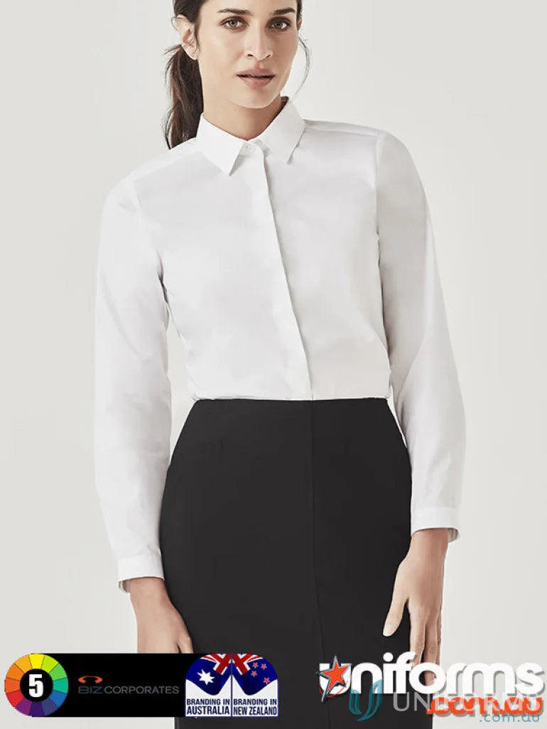 Women’s Charlie LS Shirt in white with long sleeves and black skirt for stylish looks