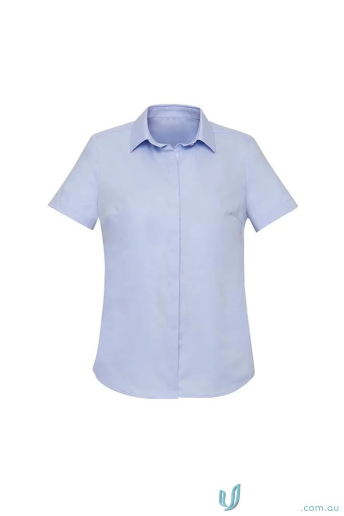 Light blue women’s Charlie SS Shirt with hidden bust for a cool, comfy look