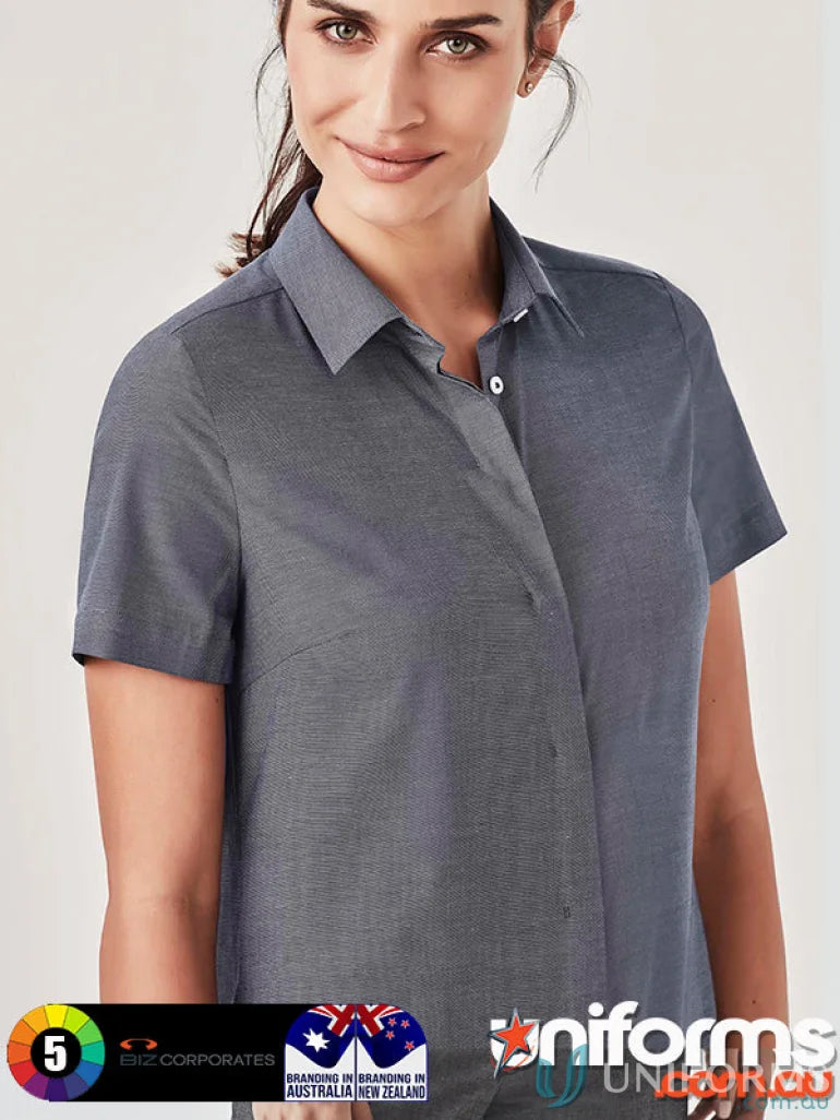 Gray short-sleeved button-up shirt from Women’s Charlie SS Shirt with hidden bust design