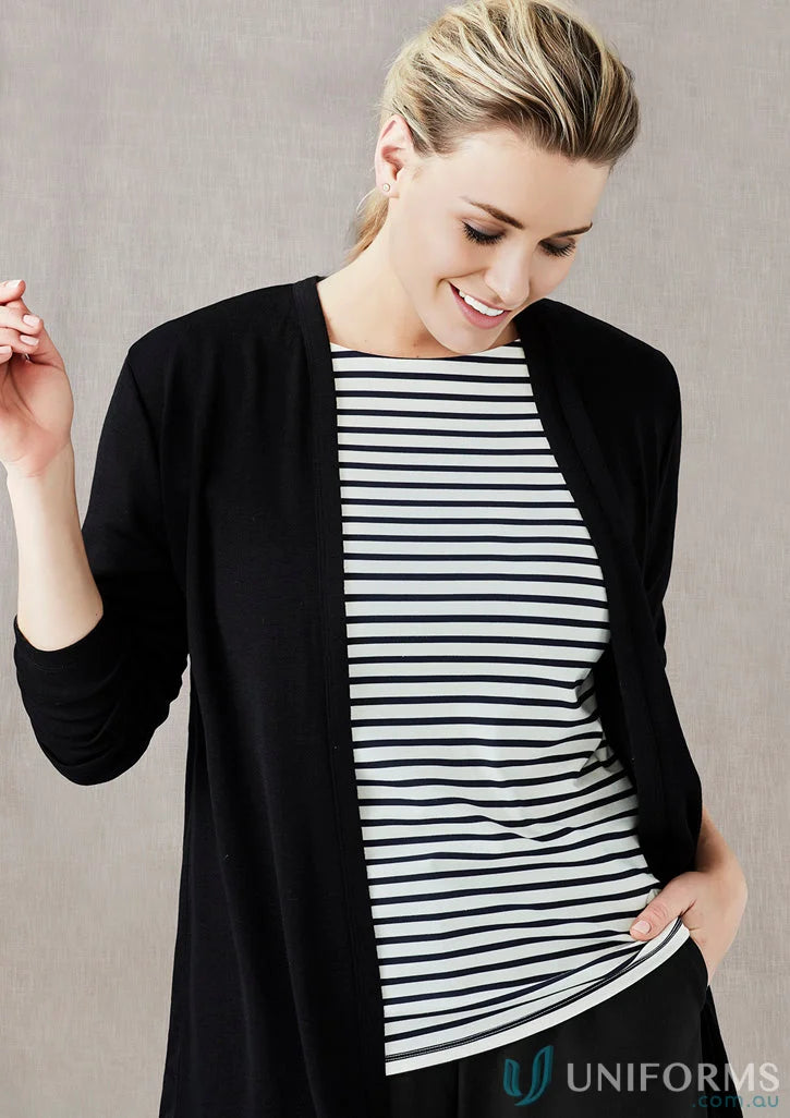 Women’s Chelsea long line cardigan RLC970L worn over striped top, perfect for casual style