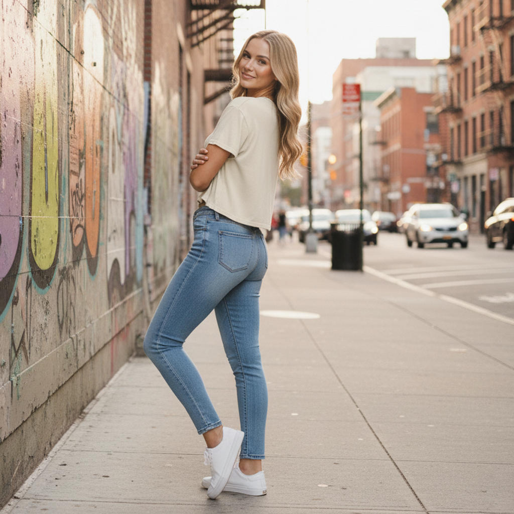 Planett womens classic cropped heavyweight tee with blue denim jeans and white stitching