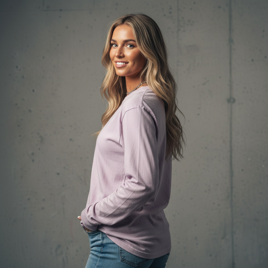 Women’s Classic Long Sleeve Tee in soft lavender cotton with ribbed cuffs