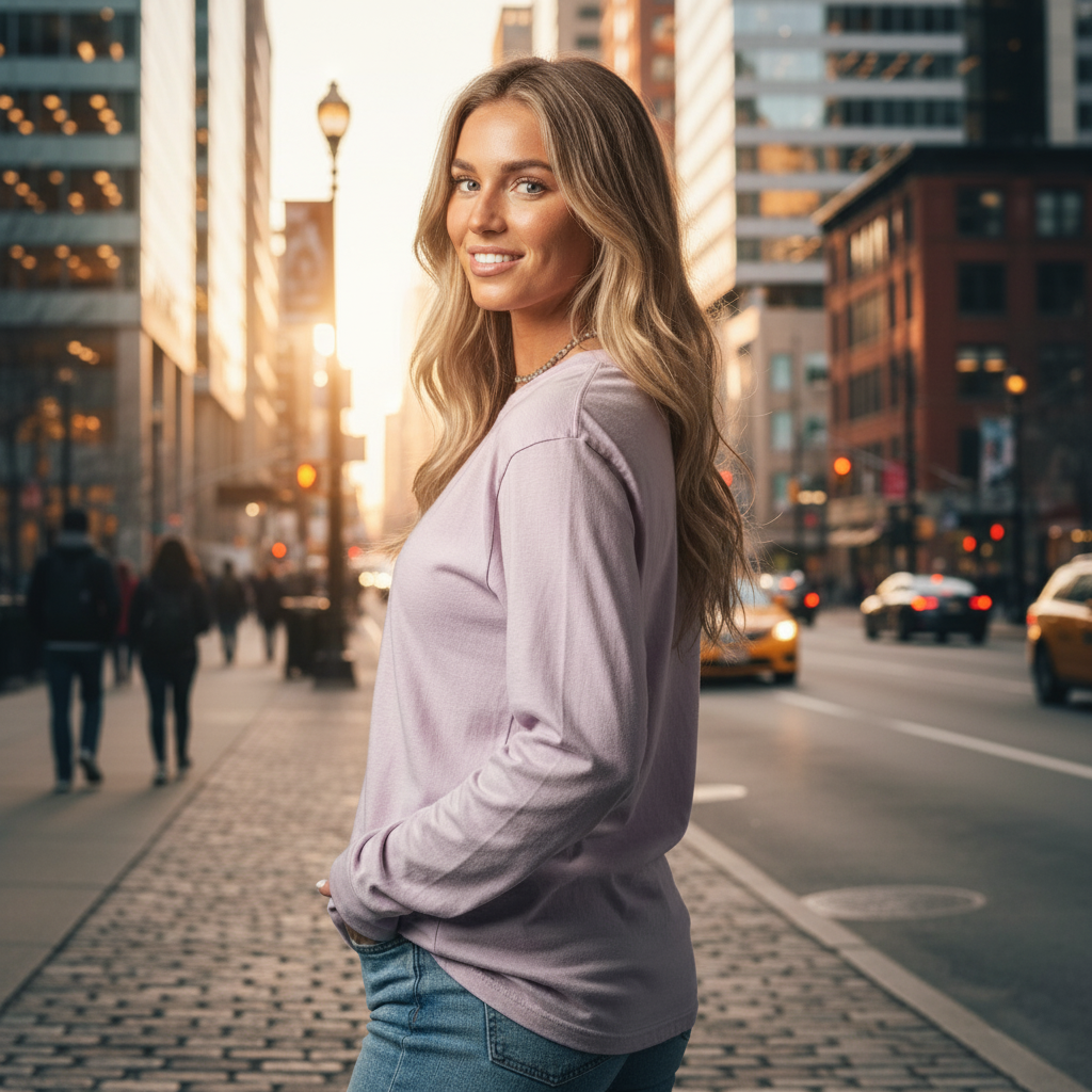 Cozy lavender classic long sleeve tee with ribbed cuffs