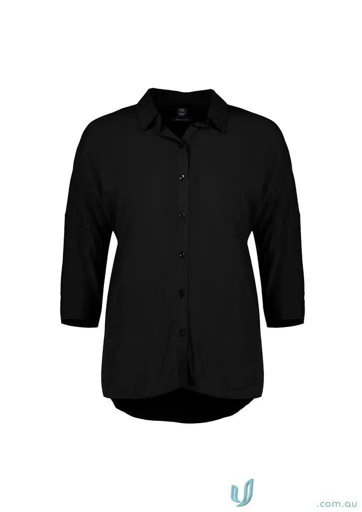 Womens Dahlia 3Q Sleeve Blouse black button-down shirt with three-quarter sleeves