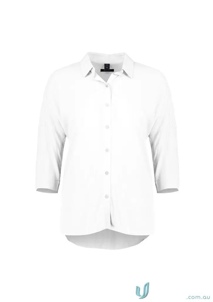 Womens Dahlia 3Q Sleeve Blouse featuring a white button-down design with three-quarter sleeves