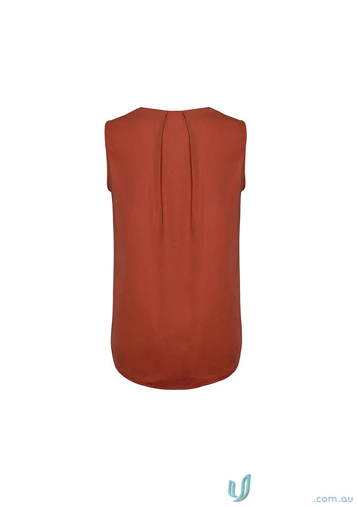 Womens Estelle Pleat Blouse in rust color, estelle sleeveless biz collection top