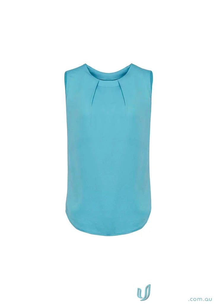Womens Estelle Pleat Blouse in turquoise showing an estelle sleeveless design from Biz Collection