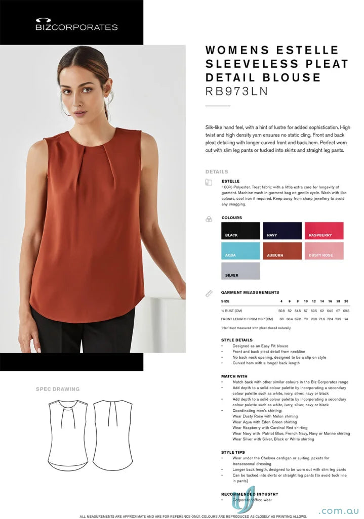 Women’s Estelle Pleat Blouse from Biz Collection, sleeveless and stylish for women