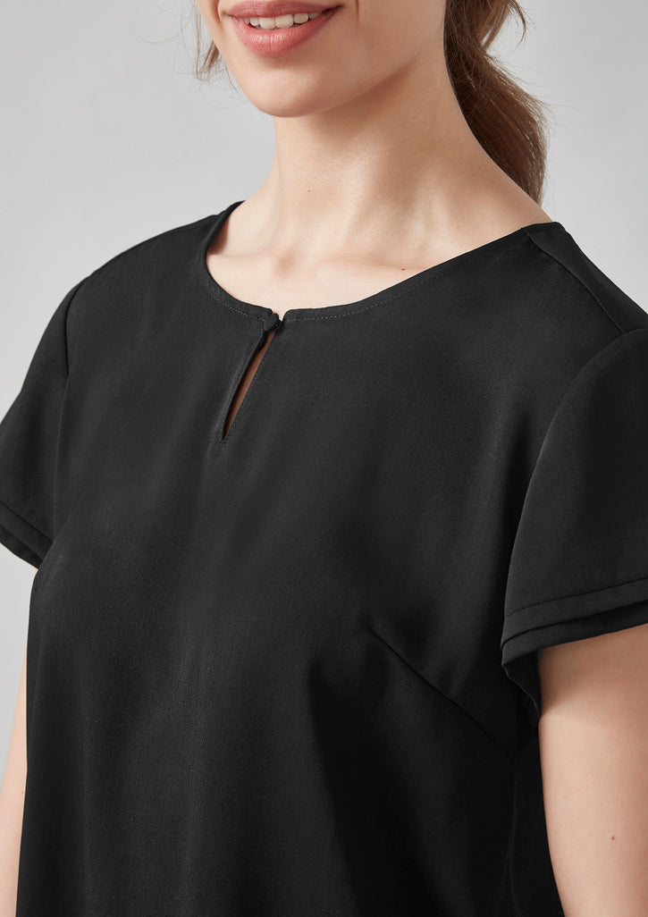 Womens Evelyn short sleeve blouse in black with keyhole neckline