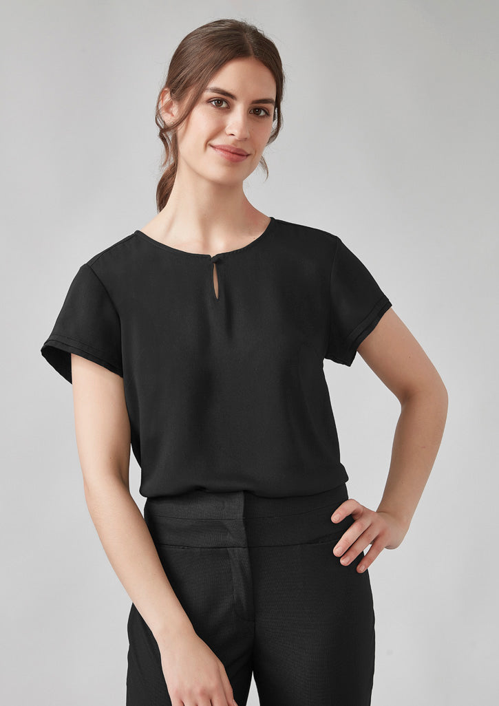 Evelyn short sleeve black blouse with keyhole neckline Biz Collection