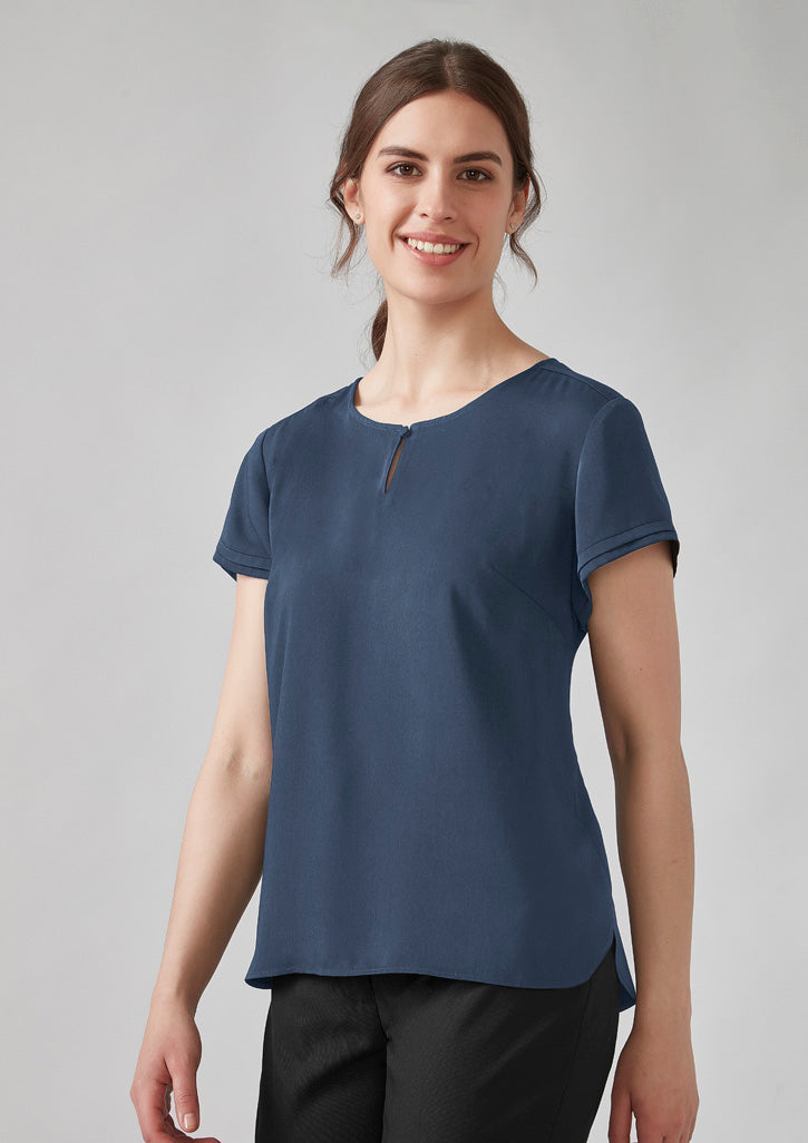 Womens Evelyn short sleeve blouse in navy blue with zipper detail