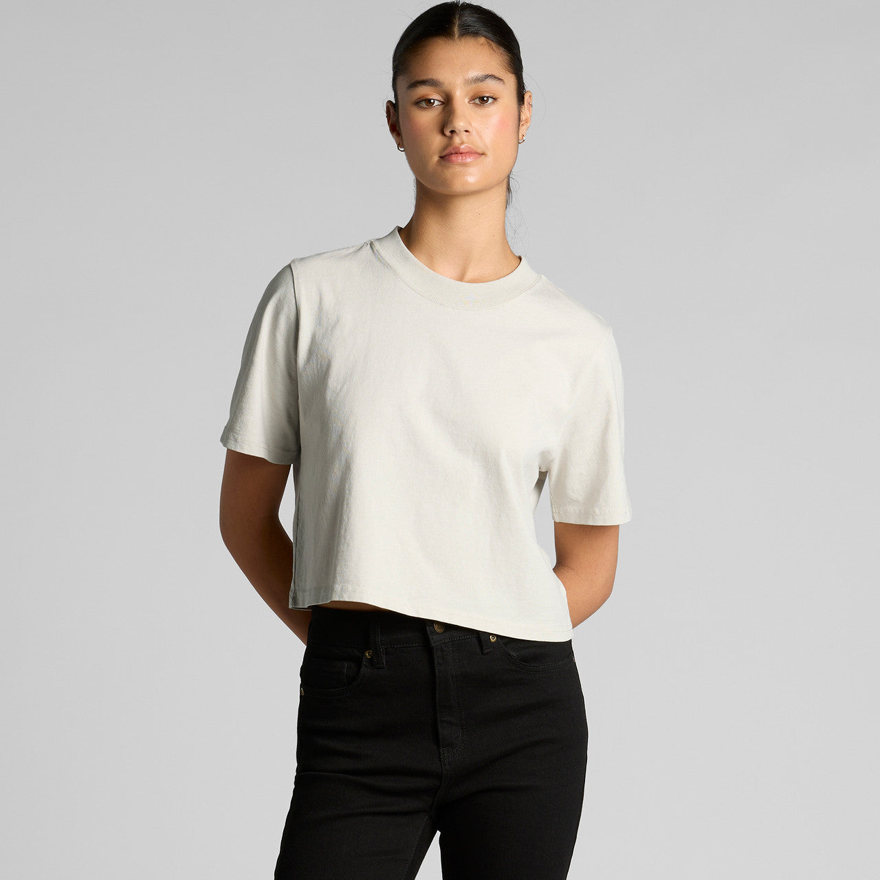 Women’s Faded Crop Tee in white with black jeans
