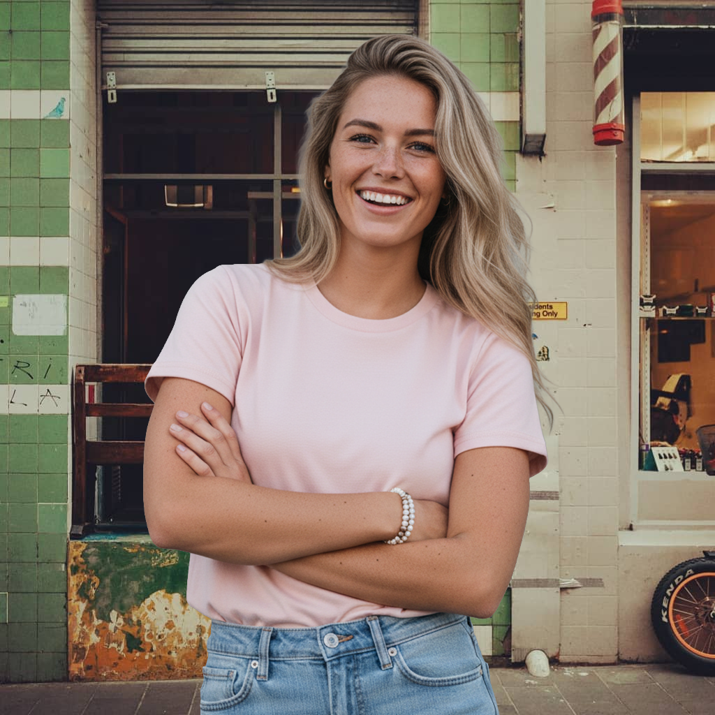 Pink Planett women’s heavyweight t-shirt with white trim and silver bracelet