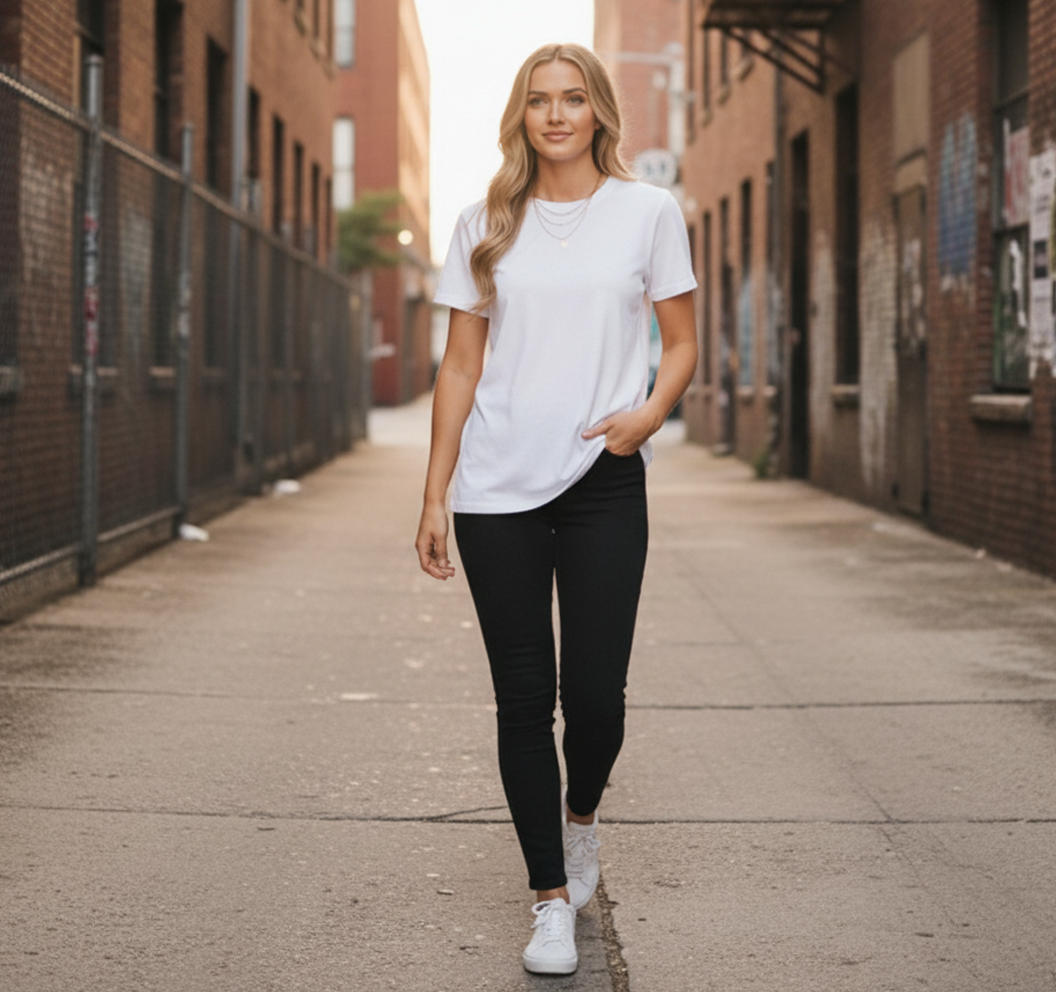 Planett womens heavyweight relaxed t-shirt with black pants and white sneakers