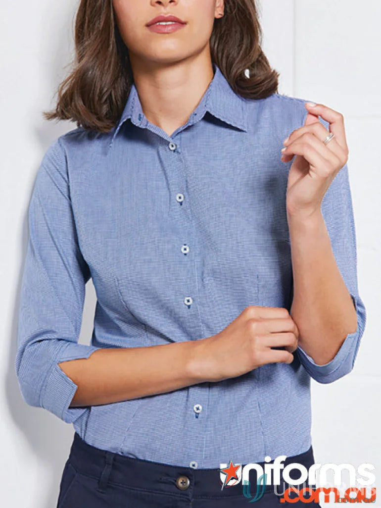 Blue women’s Jagger micro houndstooth fabric polyester blend button-down shirt