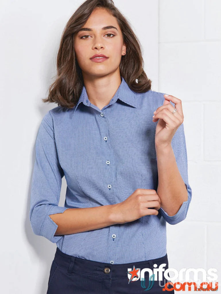 Blue button-down shirt in womens Jagger with micro houndstooth fabric polyester blend