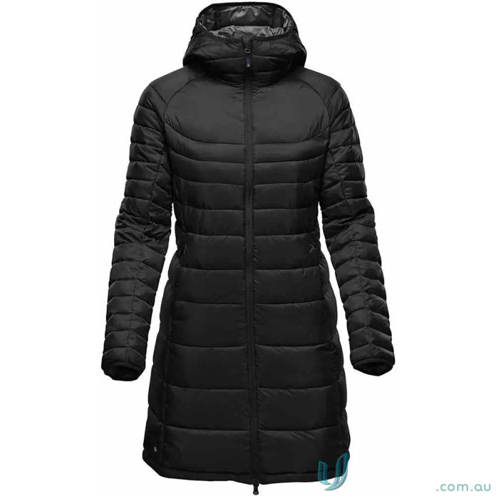 Black hooded puffer coat featuring thermal shell tech and articulated elbows for women’s Labrador Parka