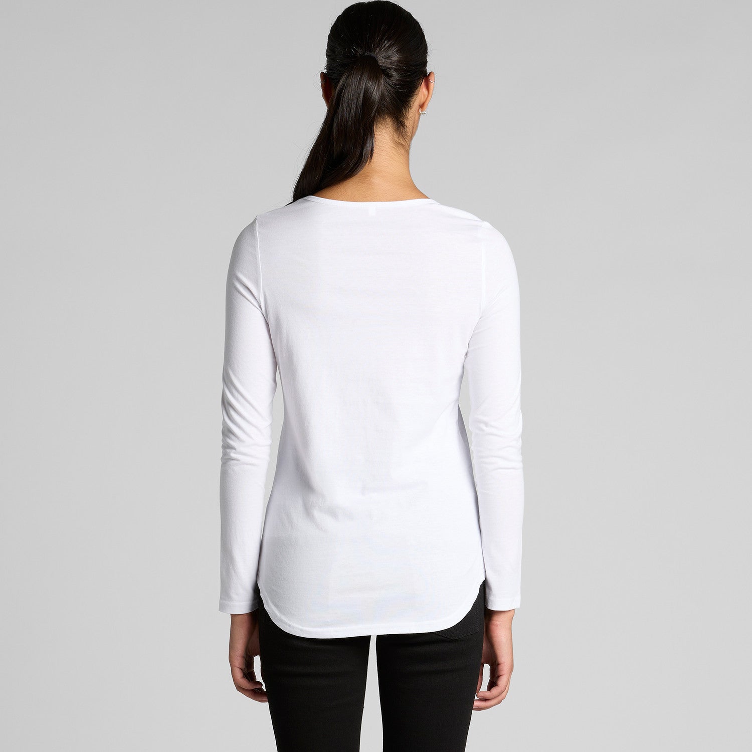 White womens lightweight scoop neck long sleeve tee with ribbed cuffs