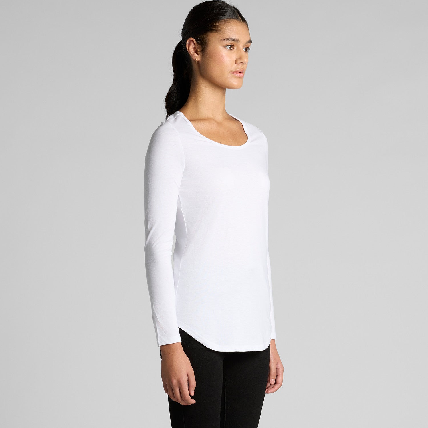 Women’s lightweight scoop neck LS tee in white with ribbed cuffs