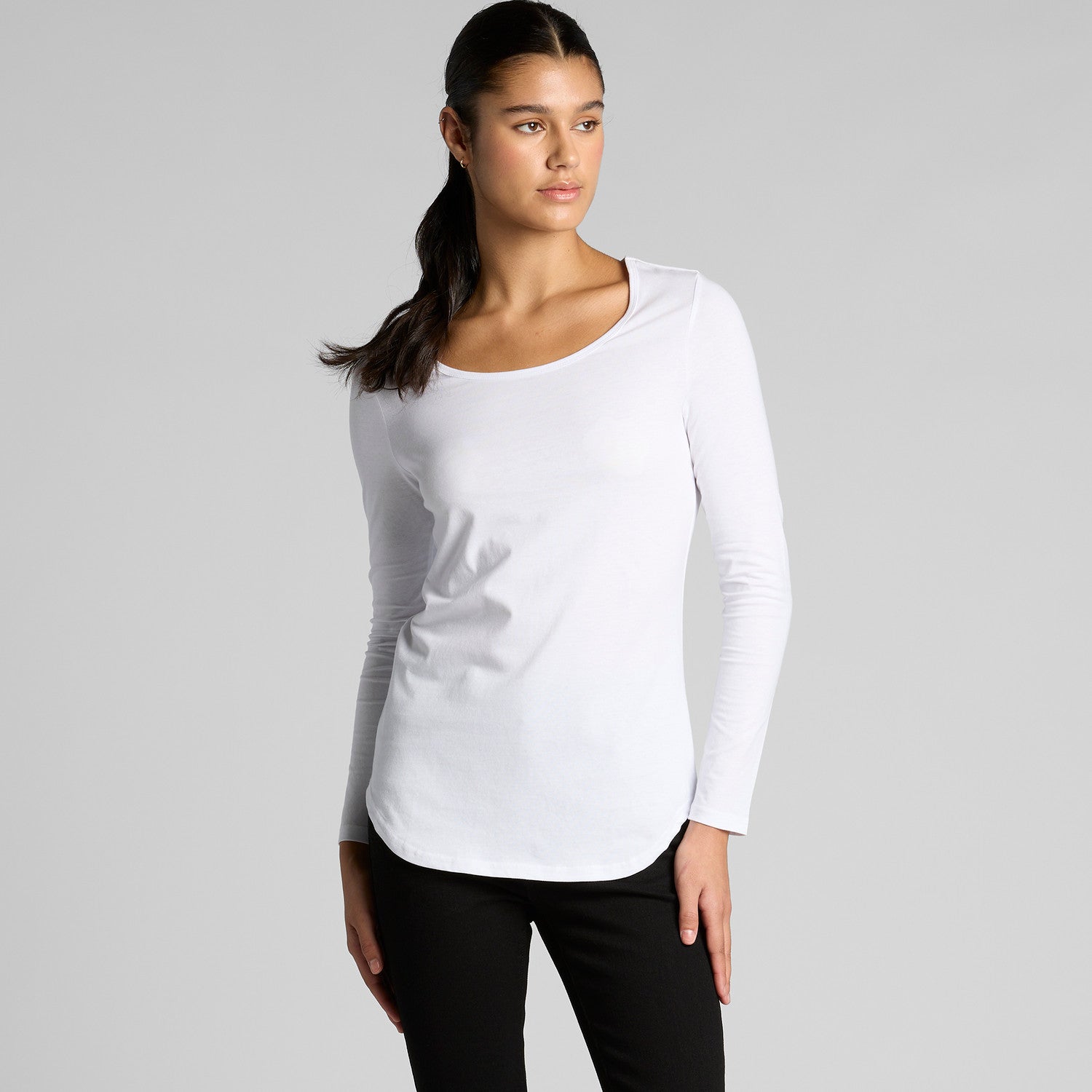 White lightweight scoop neck long-sleeved tee with black leggings