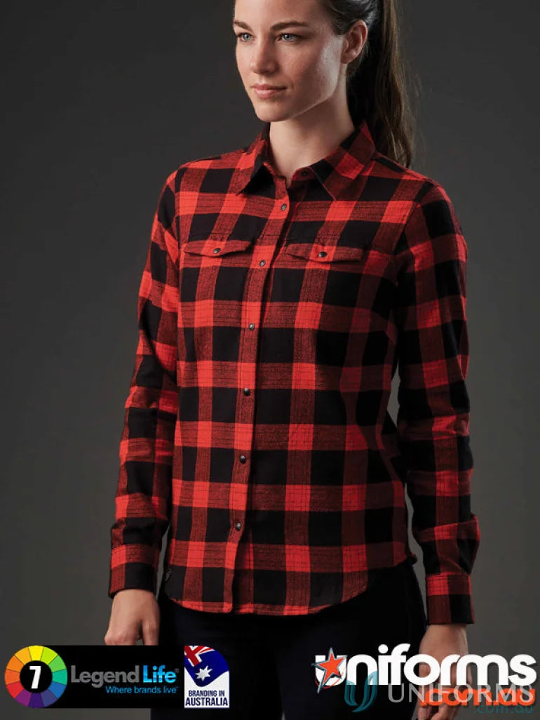 Womens Logan Snap Front Shirt with red black plaid pattern and chest pockets
