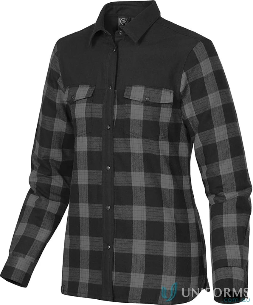 Womens Logan Thermal Shirt with plaid pattern, snap closures, perfect for uniforms