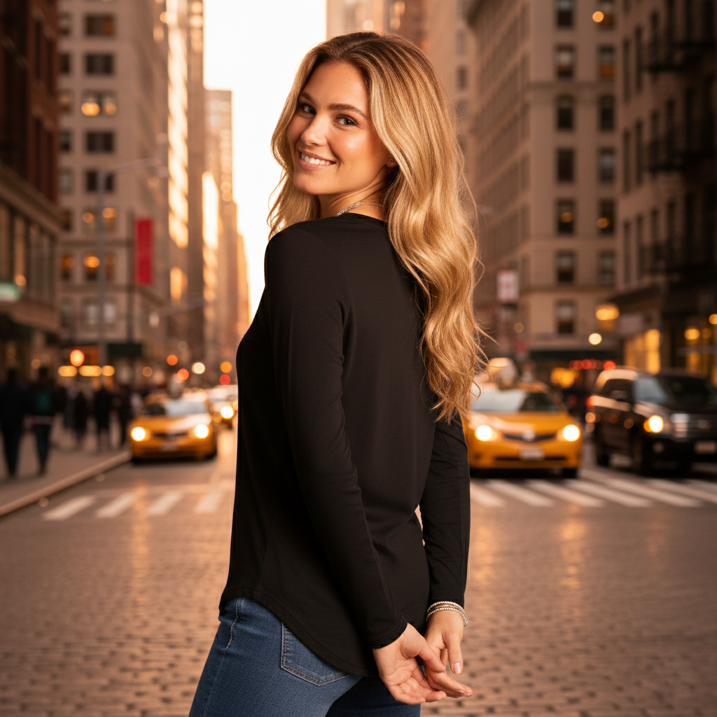 Black long-sleeve tee with v-neck and fitted silhouette