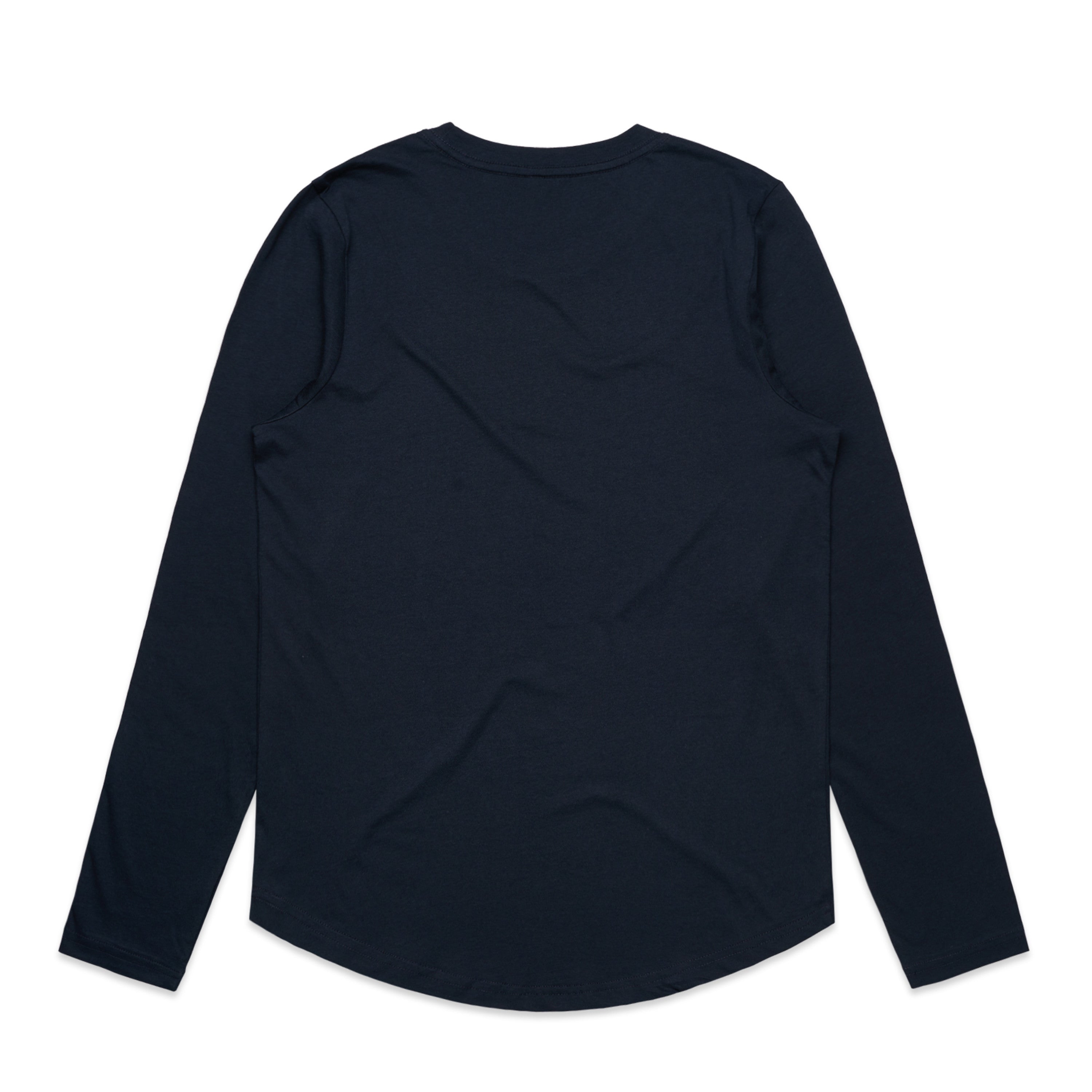 Women’s Maple Curve navy blue long sleeve tee with curved hem