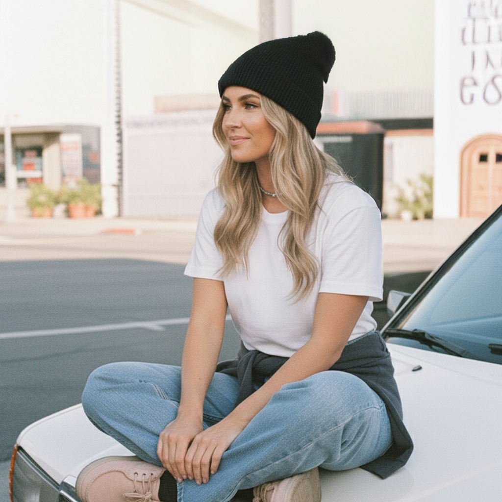 Women’s Maple Marle Tee with black ribbed knit beanie