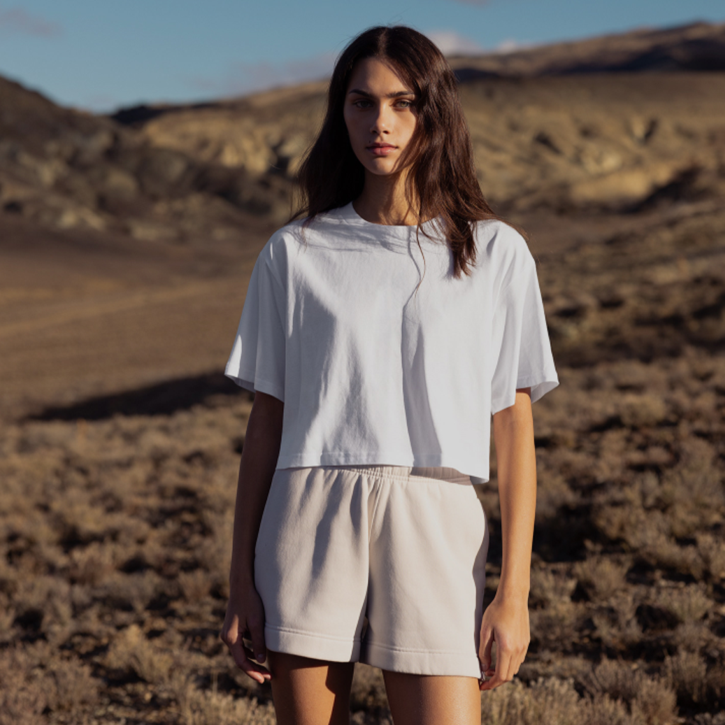 White Womens Martina Crop Tee with beige shorts, casual summer look