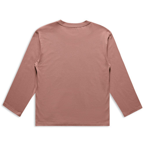 Rose-colored long-sleeved t-shirt with a round neckline and ribbed cuffs.