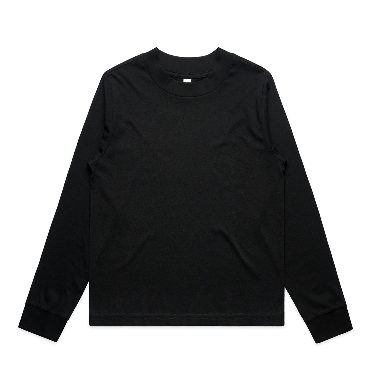Black long-sleeved crew neck t-shirt with a ribbed neckline and cuffs, likely made of cotton.